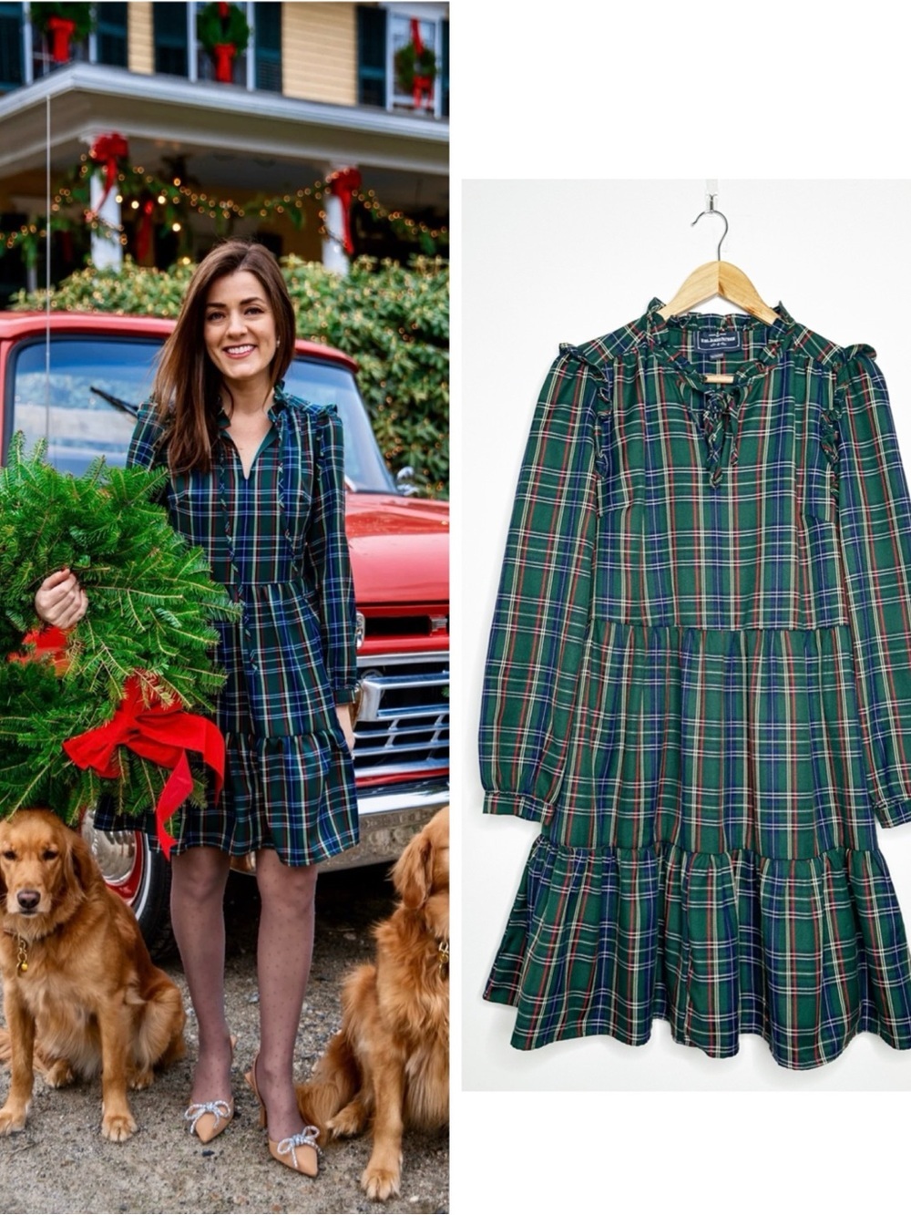 Kiel James Patrick Evelyn Plaid Ruffle Tiered Dress Green Large